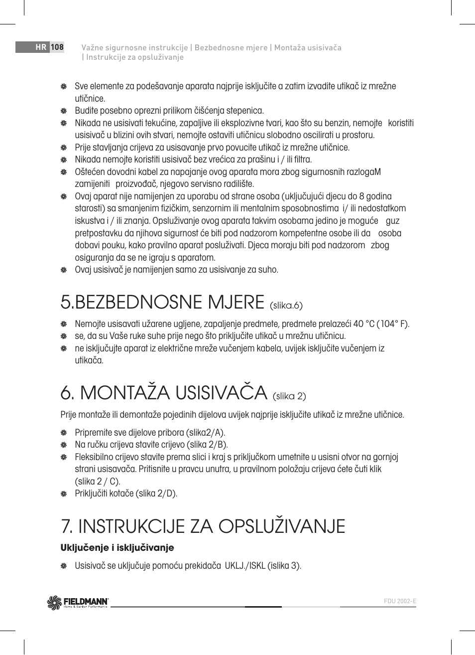 Bezbednosne mjere, Montaža usisivača, Instrukcije za opsluživanje | Fieldmann FDU 2002-E User Manual | Page 108 / 148