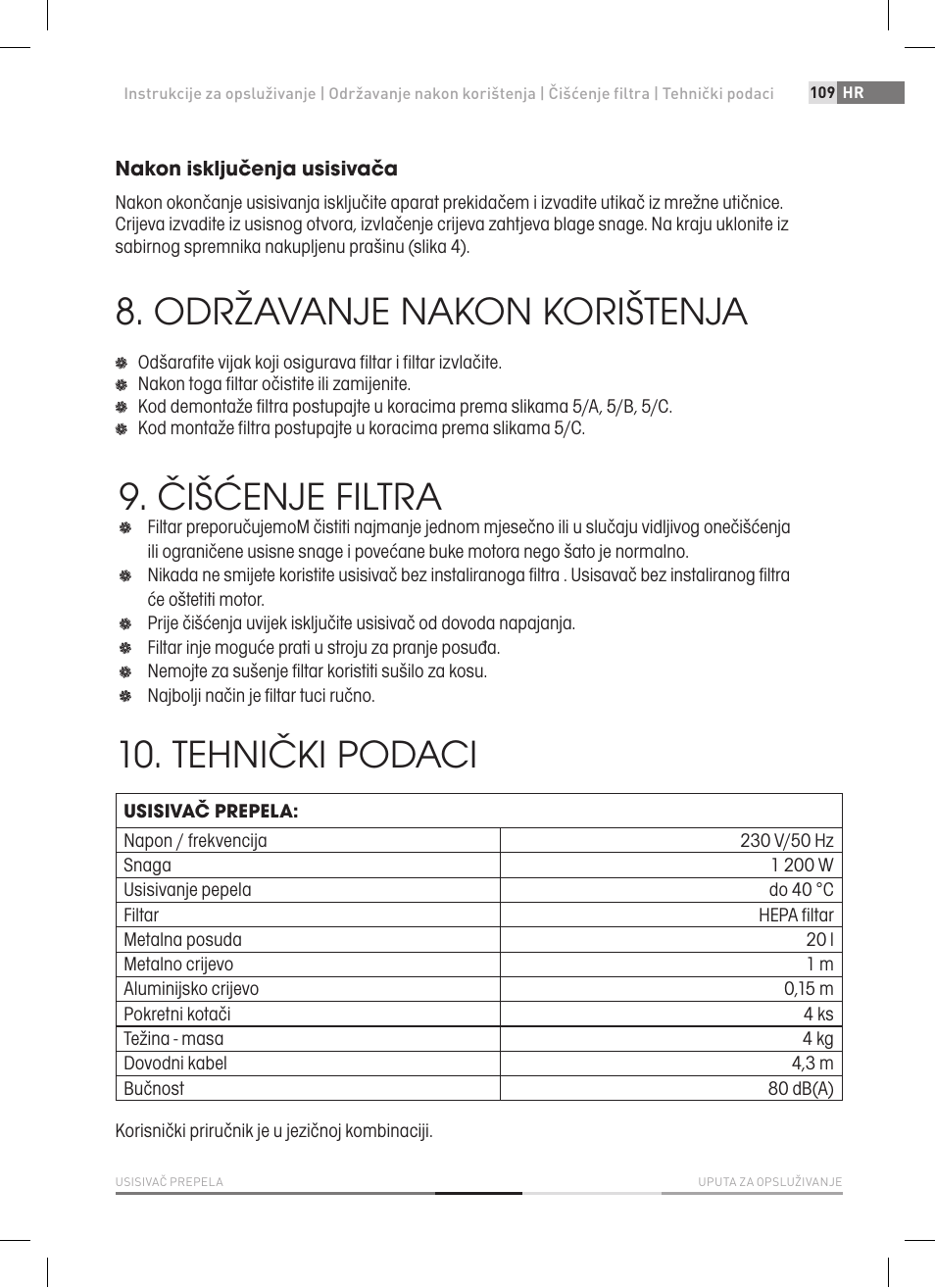 Održavanje nakon korištenja, Čišćenje filtra, Tehnički podaci | Fieldmann FDU 2002-E User Manual | Page 109 / 148