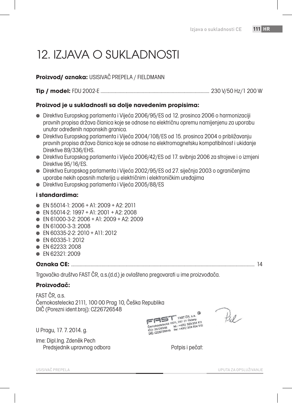 Izjava o sukladnosti | Fieldmann FDU 2002-E User Manual | Page 111 / 148