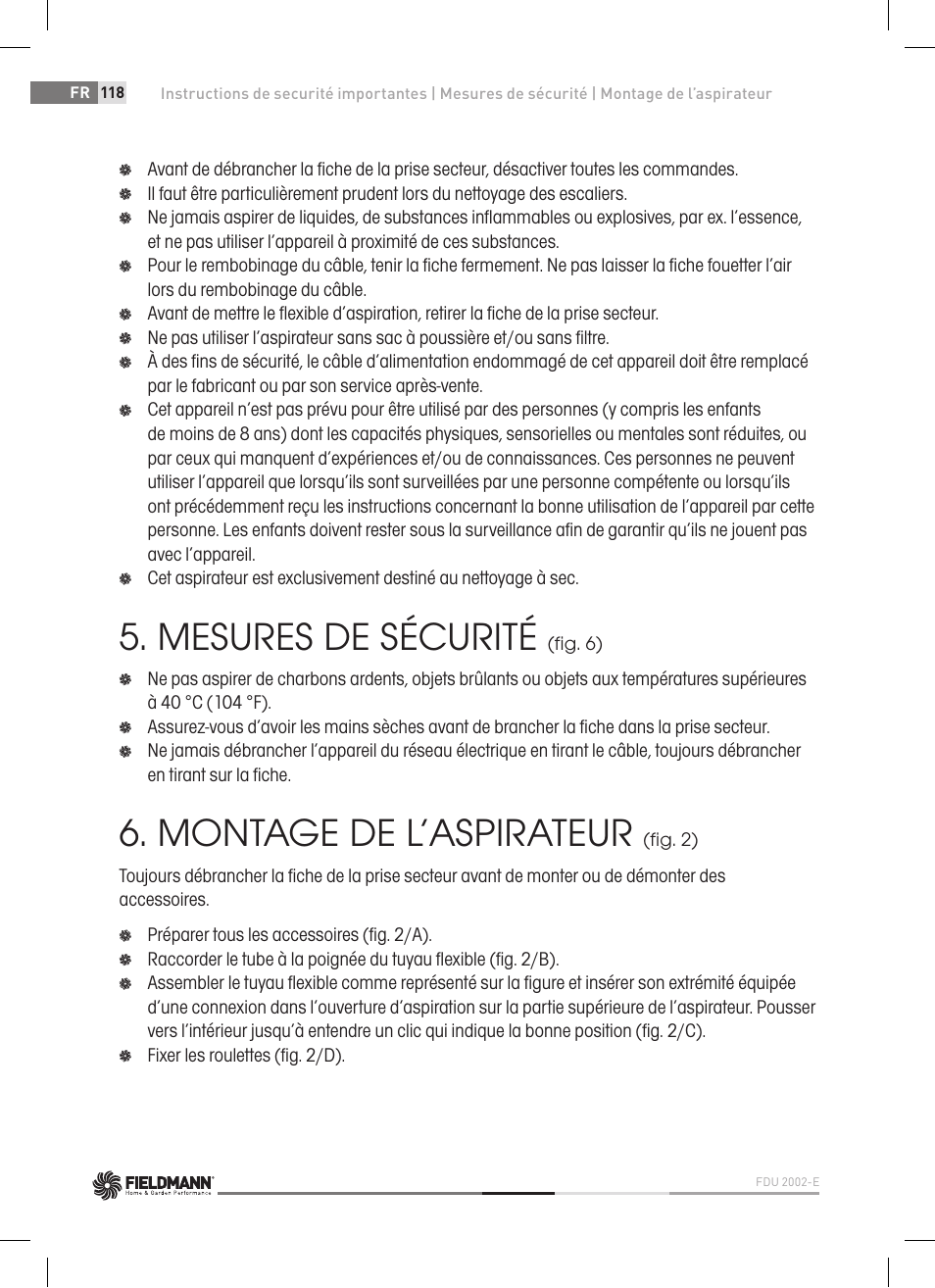 Mesures de sécurité, Montage de l’aspirateur | Fieldmann FDU 2002-E User Manual | Page 118 / 148