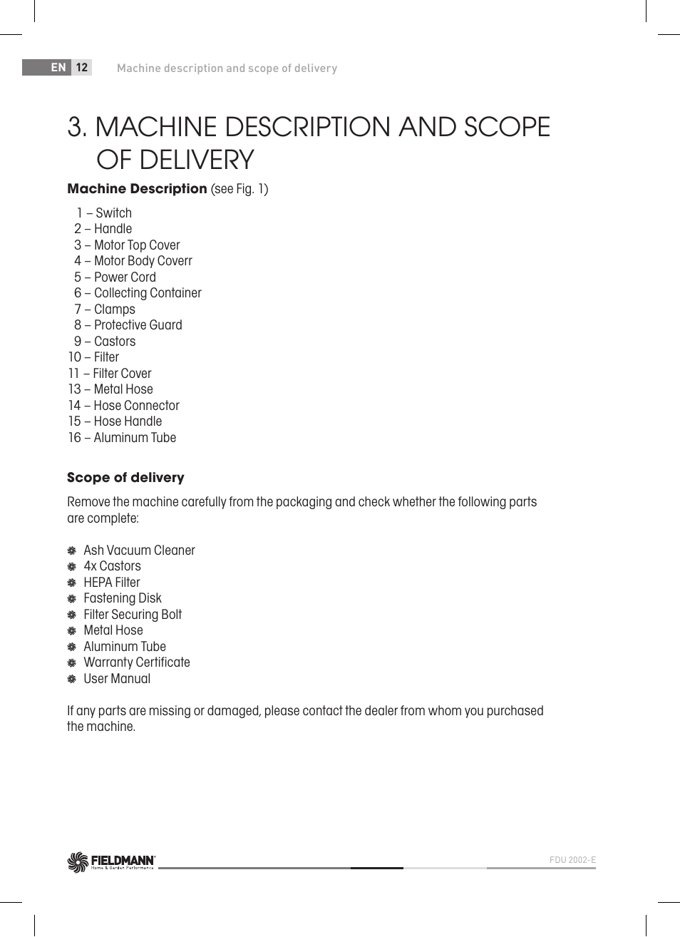 Machine description and scope of delivery | Fieldmann FDU 2002-E User Manual | Page 12 / 148