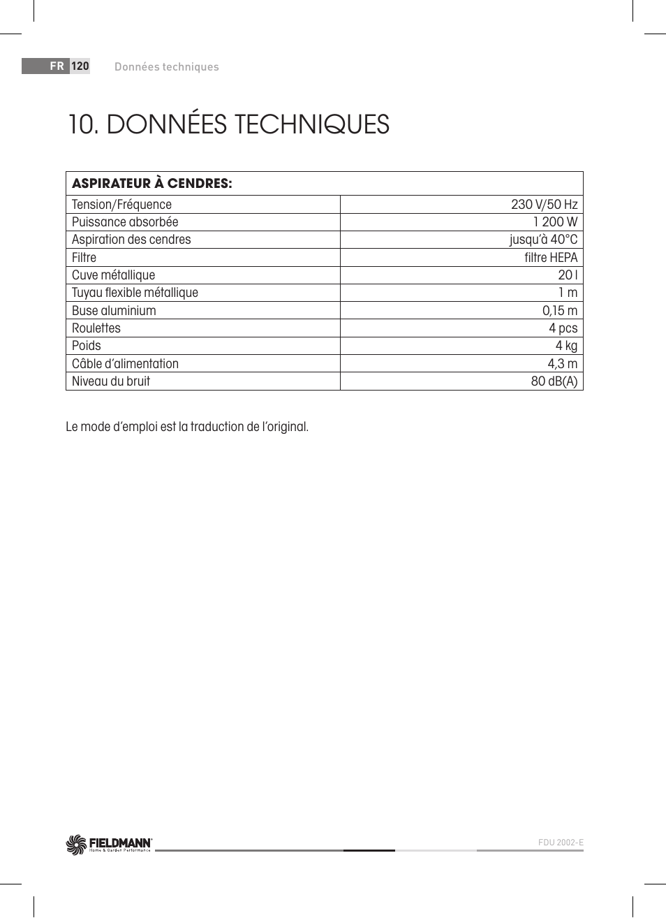 Données techniques | Fieldmann FDU 2002-E User Manual | Page 120 / 148