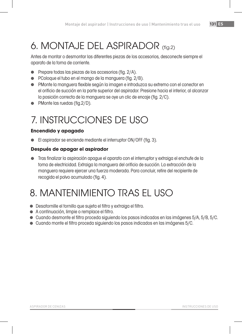 Montaje del aspirador, Instrucciones de uso, Mantenimiento tras el uso | Fieldmann FDU 2002-E User Manual | Page 131 / 148