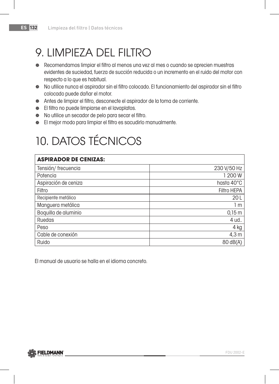 Limpieza del filtro, Datos técnicos | Fieldmann FDU 2002-E User Manual | Page 132 / 148