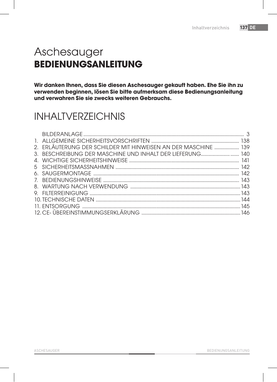 Aschesauger, Inhaltverzeichnis, Bedienungsanleitung | Fieldmann FDU 2002-E User Manual | Page 137 / 148