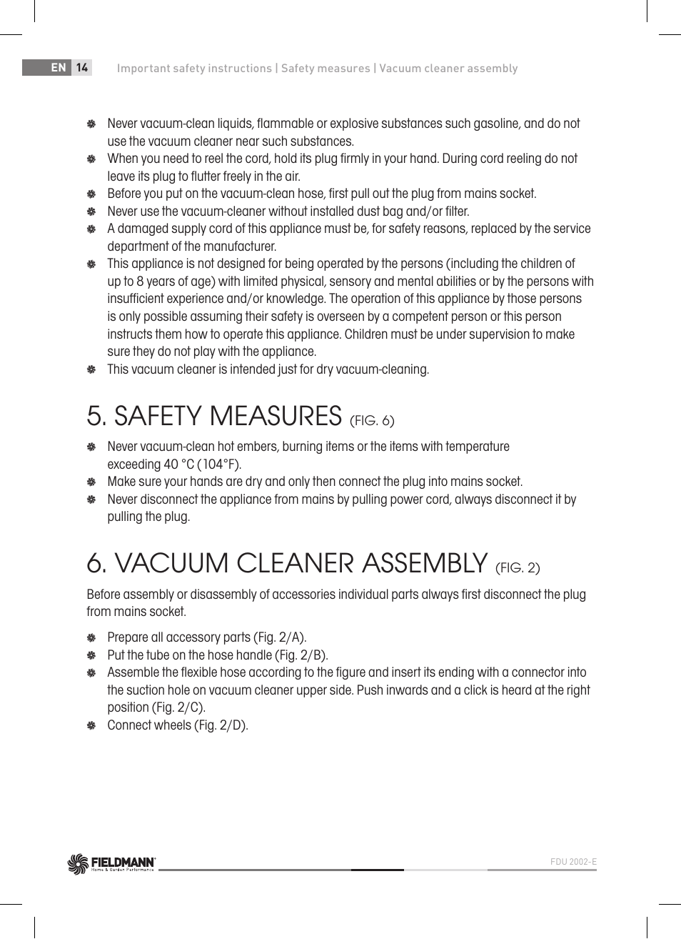 Safety measures, Vacuum cleaner assembly, Operating instructions | Fieldmann FDU 2002-E User Manual | Page 14 / 148