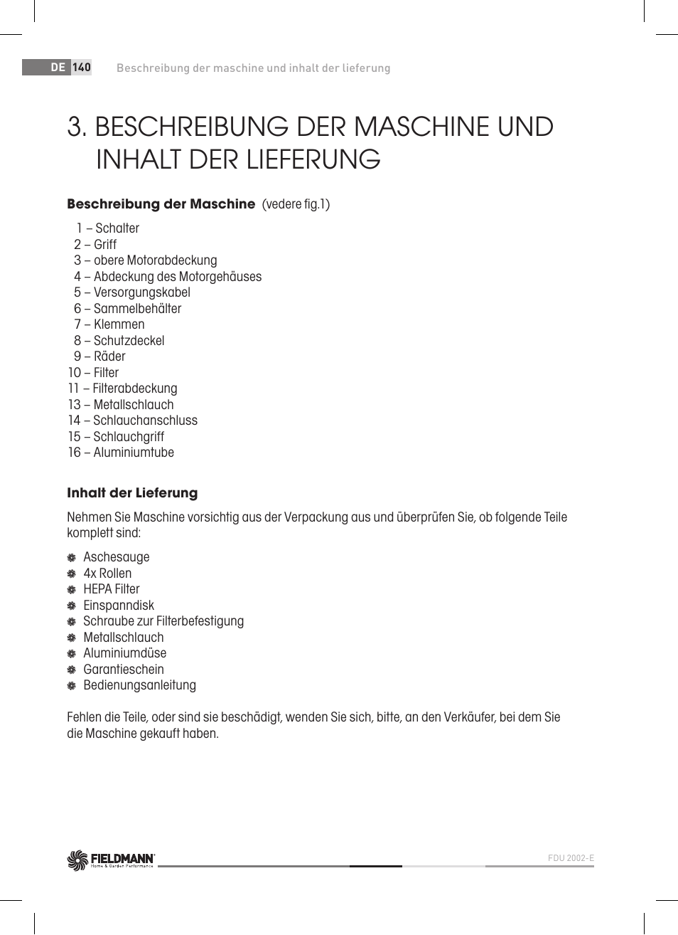 Beschreibung der maschine und inhalt der lieferung | Fieldmann FDU 2002-E User Manual | Page 140 / 148