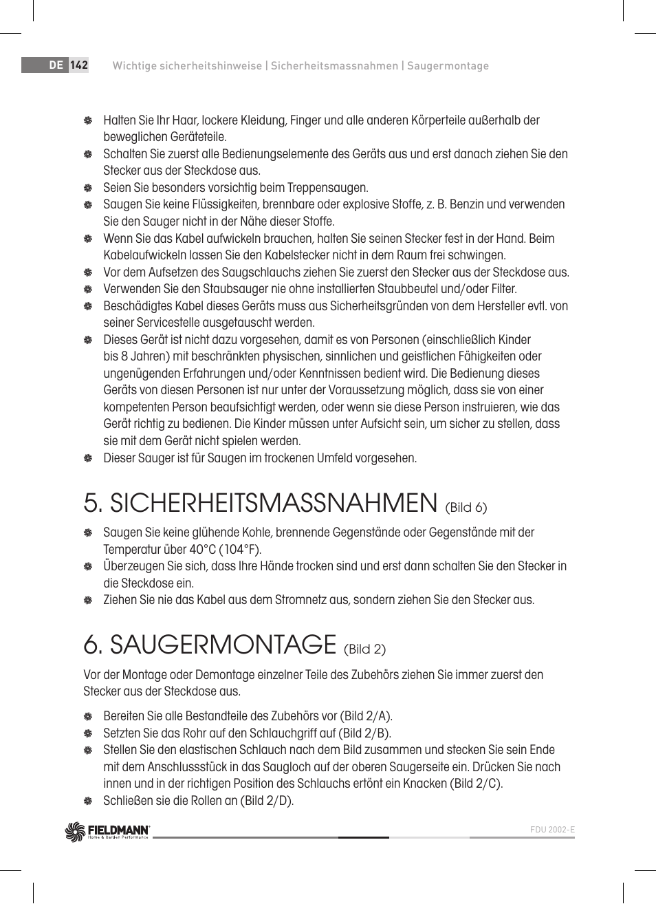 Sicherheitsmassnahmen, Saugermontage | Fieldmann FDU 2002-E User Manual | Page 142 / 148