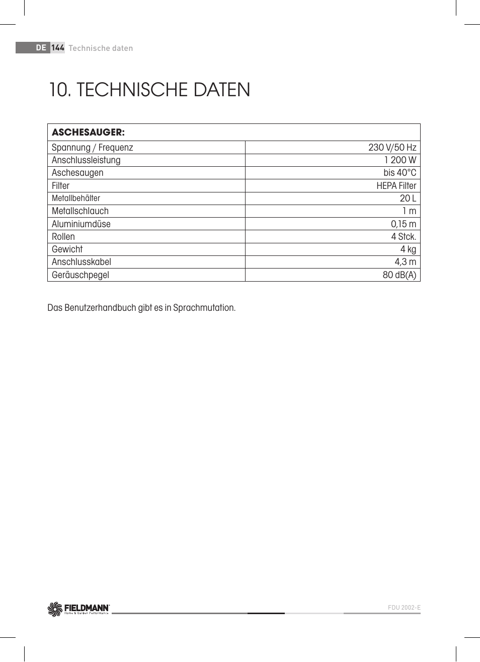 Technische daten | Fieldmann FDU 2002-E User Manual | Page 144 / 148