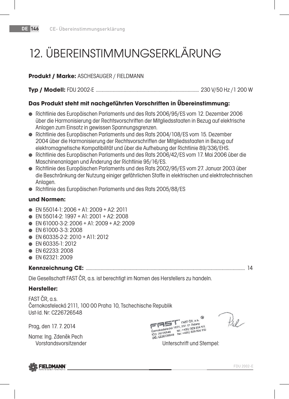 Übereinstimmungserklärung | Fieldmann FDU 2002-E User Manual | Page 146 / 148