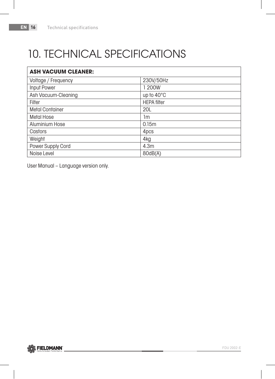 Disposal, Technical specifications | Fieldmann FDU 2002-E User Manual | Page 16 / 148