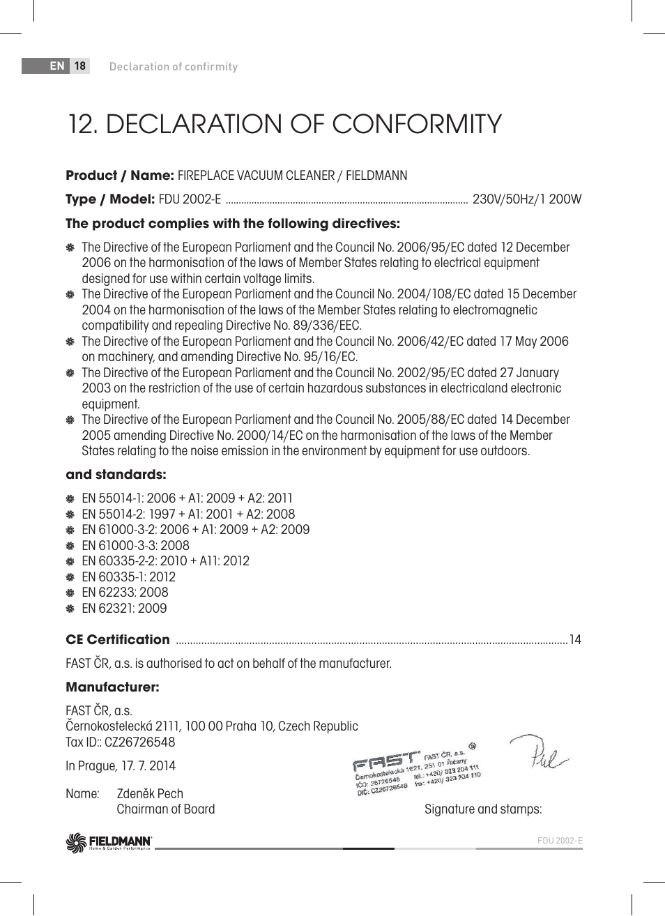 Declaration of conformity | Fieldmann FDU 2002-E User Manual | Page 18 / 148