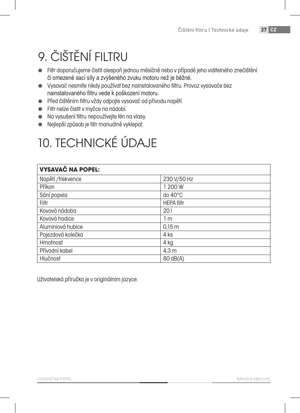 Čištění filtru, Technické údaje | Fieldmann FDU 2002-E User Manual | Page 27 / 148