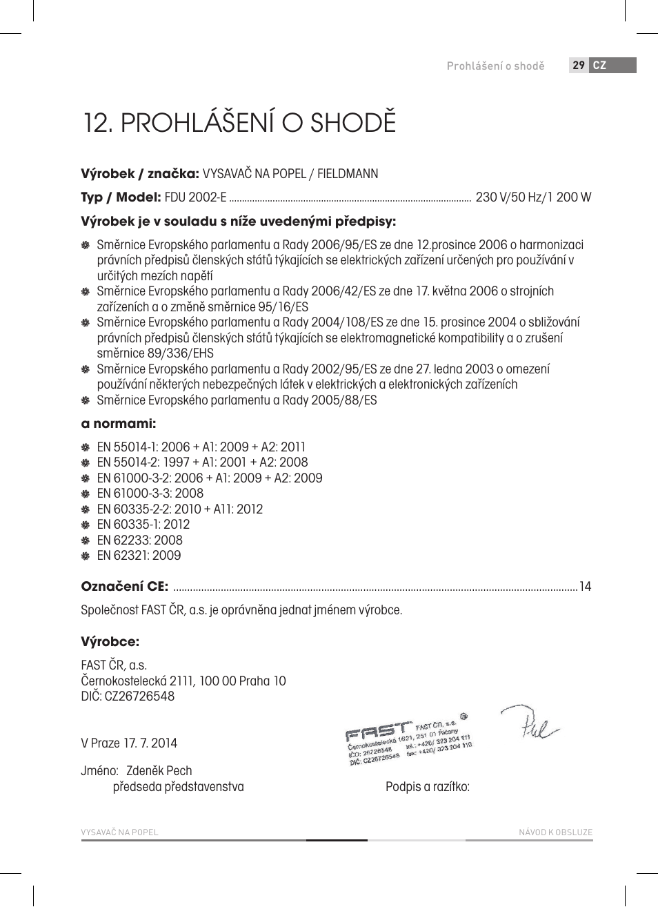 Prohlášení o shodě | Fieldmann FDU 2002-E User Manual | Page 29 / 148