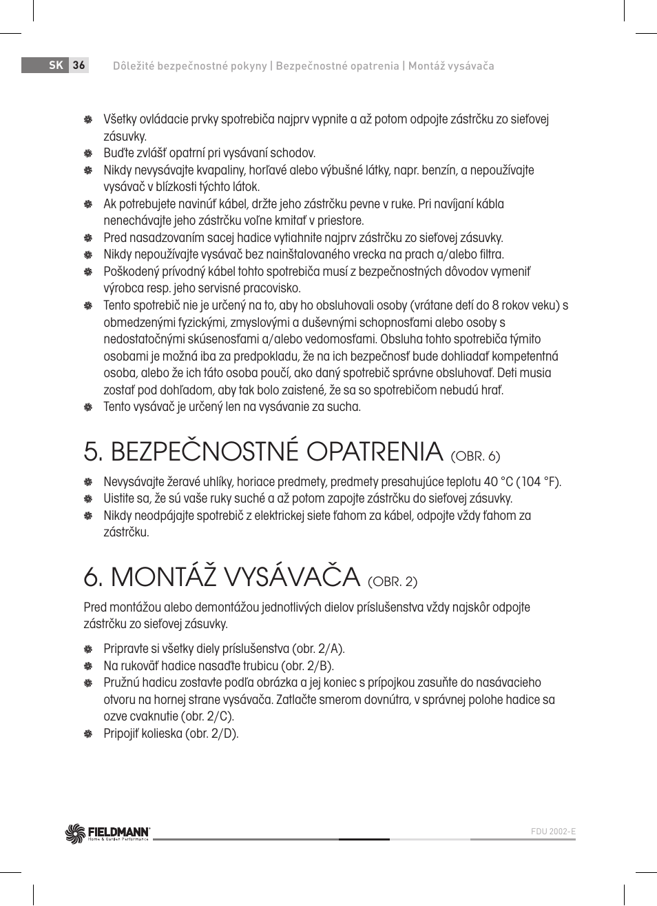 Bezpečnostné opatrenia, Montáž vysávača | Fieldmann FDU 2002-E User Manual | Page 36 / 148