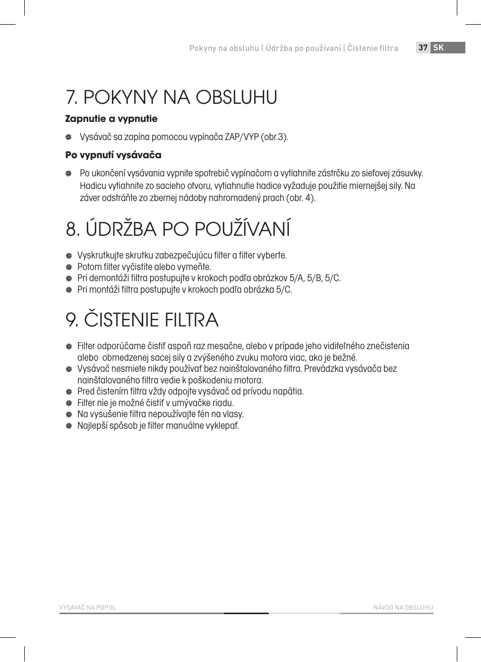 Pokyny na obsluhu, Údržba po používaní, Čistenie filtra | Fieldmann FDU 2002-E User Manual | Page 37 / 148