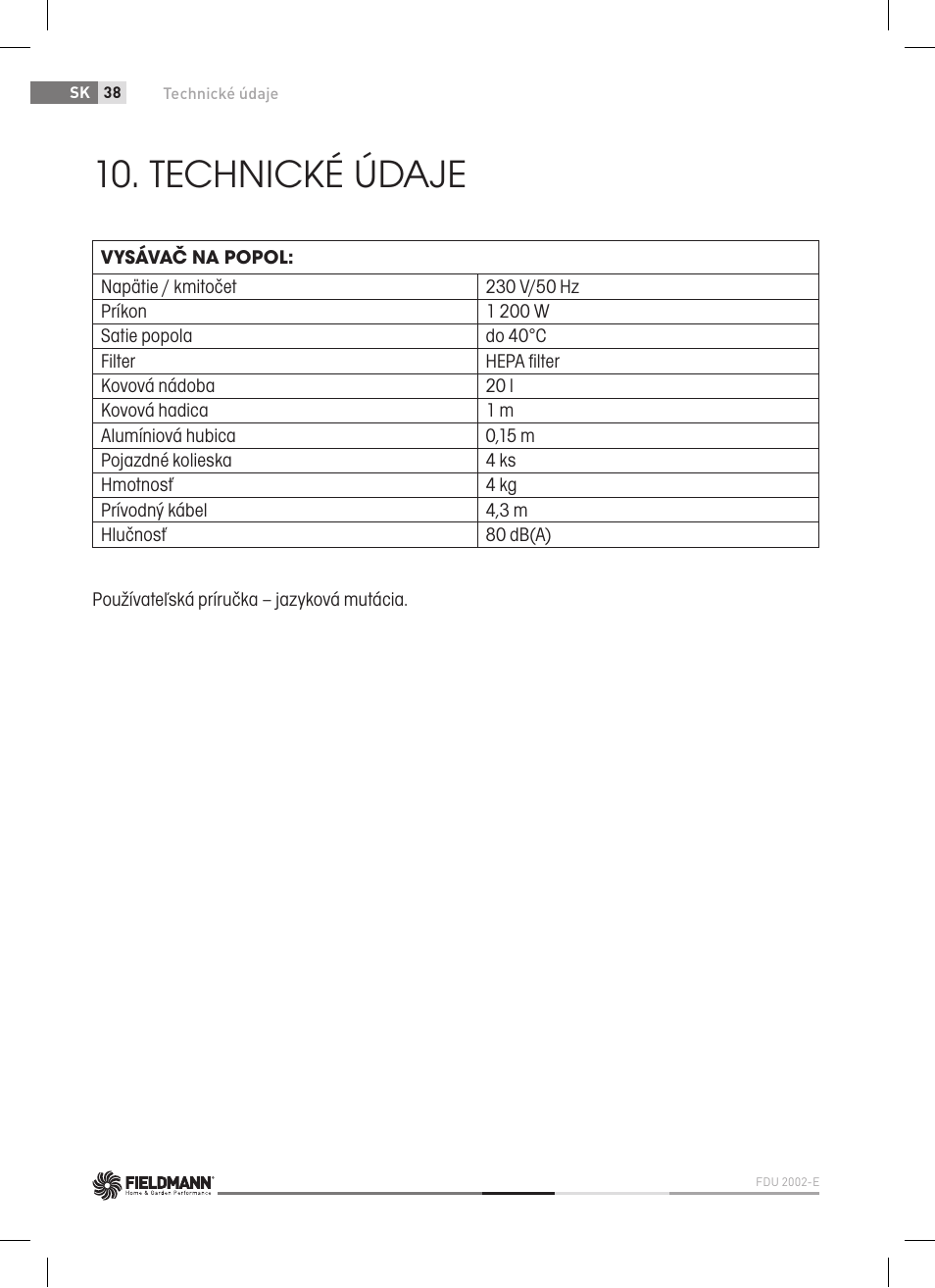 Technické údaje | Fieldmann FDU 2002-E User Manual | Page 38 / 148