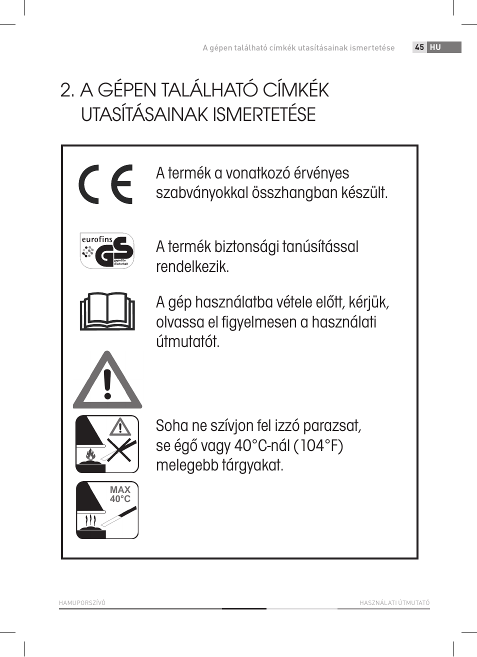 A gépen található címkék utasításainak ismertetése | Fieldmann FDU 2002-E User Manual | Page 45 / 148