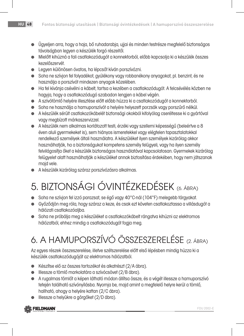 Biztonsági óvintézkedések, A hamuporszívó összeszerelése | Fieldmann FDU 2002-E User Manual | Page 48 / 148