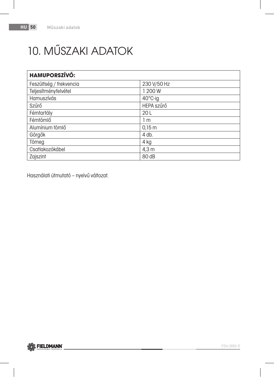 Műszaki adatok | Fieldmann FDU 2002-E User Manual | Page 50 / 148