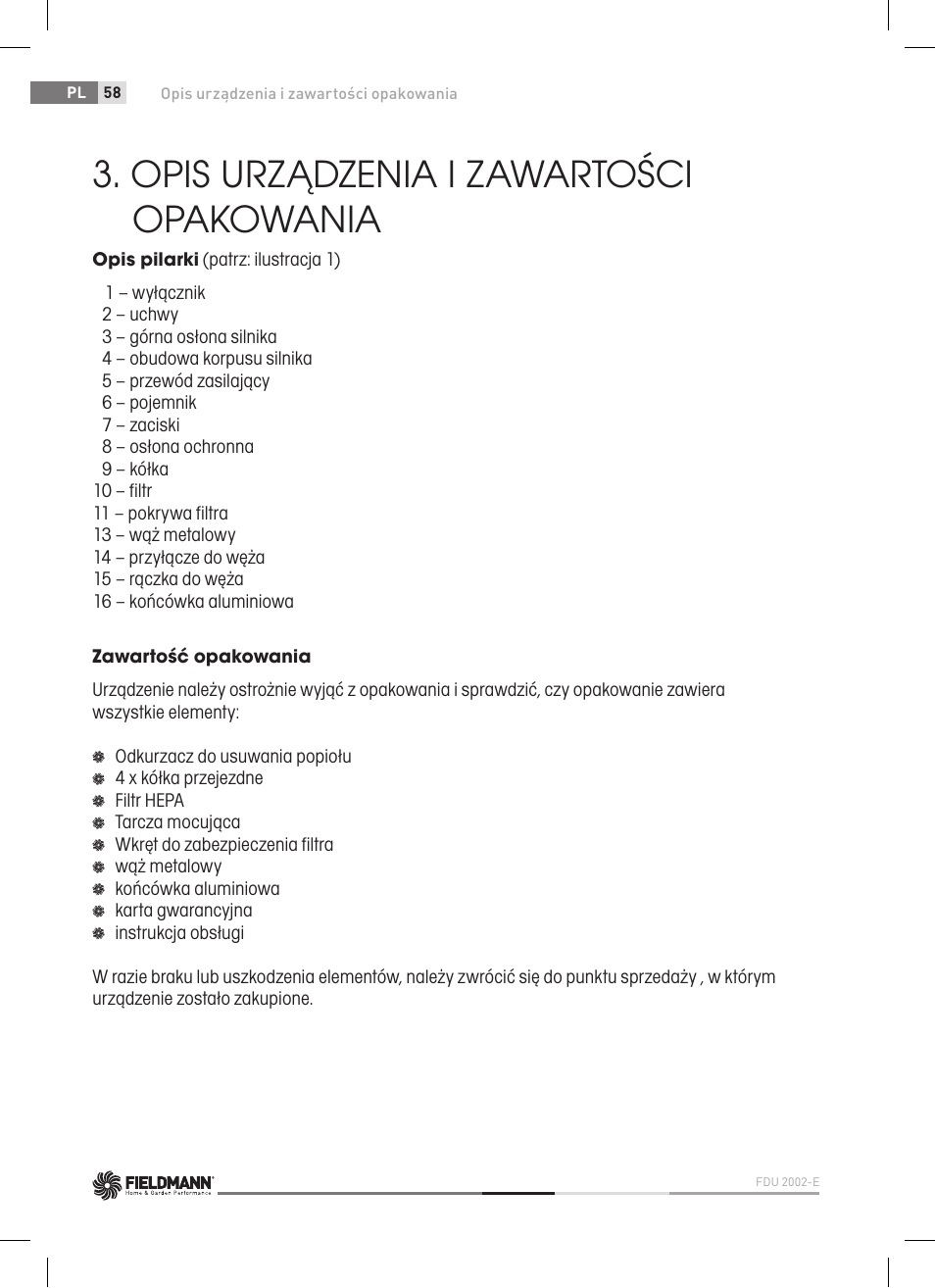 Opis urządzenia i zawartości opakowania | Fieldmann FDU 2002-E User Manual | Page 58 / 148
