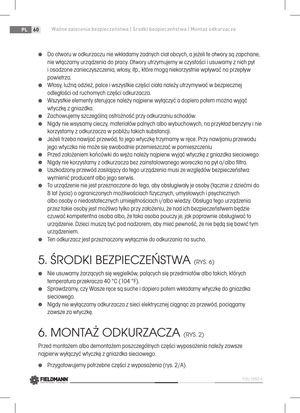 Środki bezpieczeństwa, Montaż odkurzacza | Fieldmann FDU 2002-E User Manual | Page 60 / 148