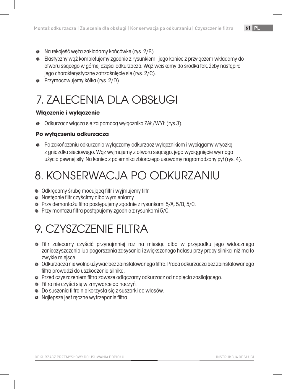 Zalecenia dla obsługi, Konserwacja po odkurzaniu, Czyszczenie filtra | Fieldmann FDU 2002-E User Manual | Page 61 / 148