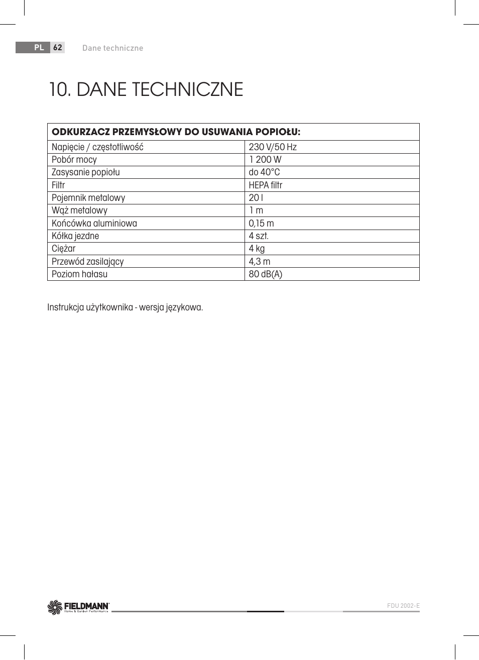 Dane techniczne | Fieldmann FDU 2002-E User Manual | Page 62 / 148