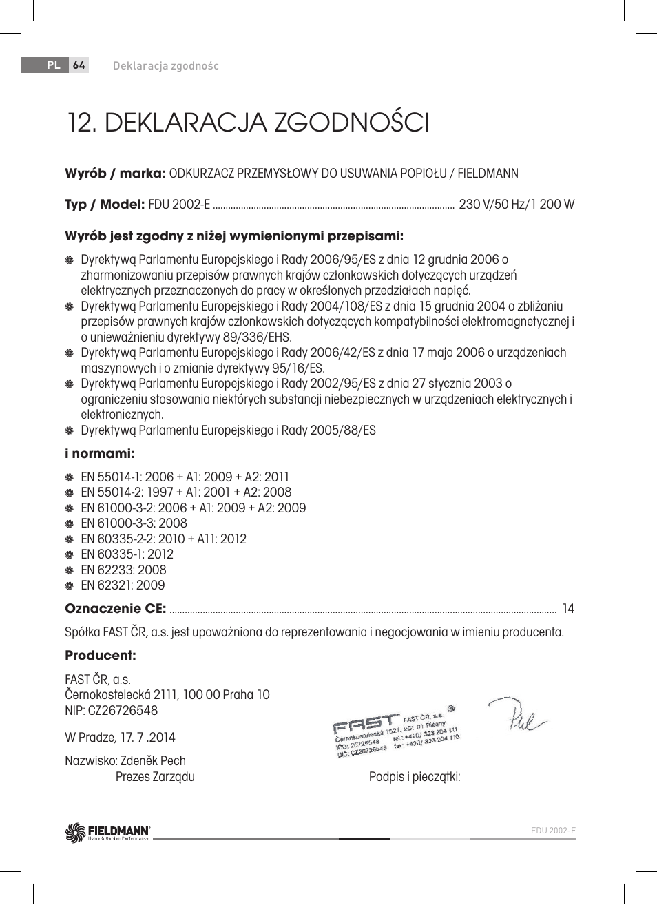 Deklaracja zgodności | Fieldmann FDU 2002-E User Manual | Page 64 / 148