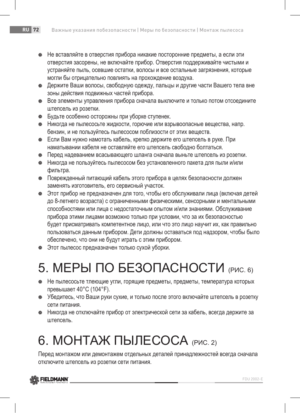 Меры по безопасности, Монтаж пылесоса | Fieldmann FDU 2002-E User Manual | Page 72 / 148