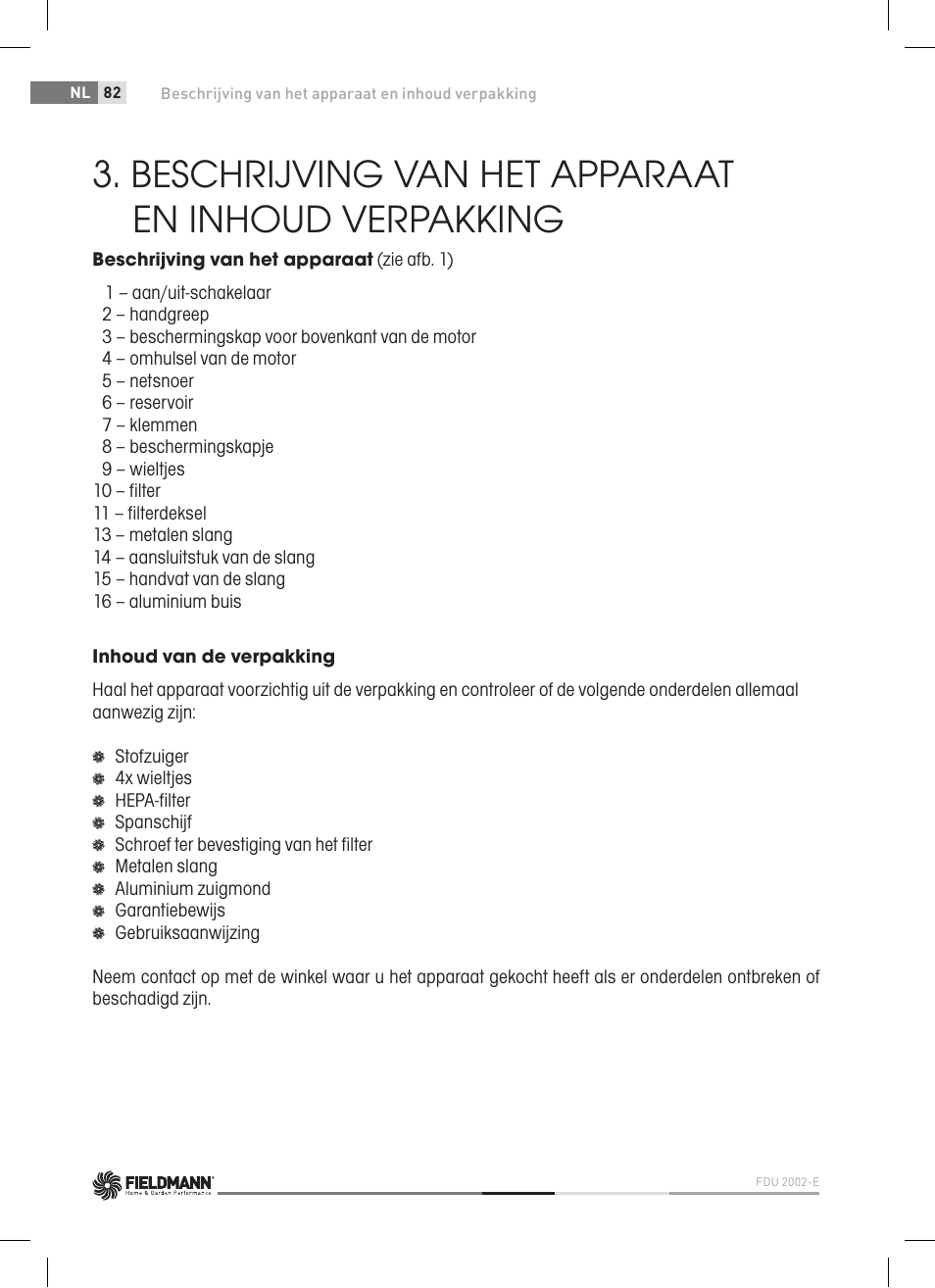Beschrijving van het apparaat en inhoud verpakking | Fieldmann FDU 2002-E User Manual | Page 82 / 148