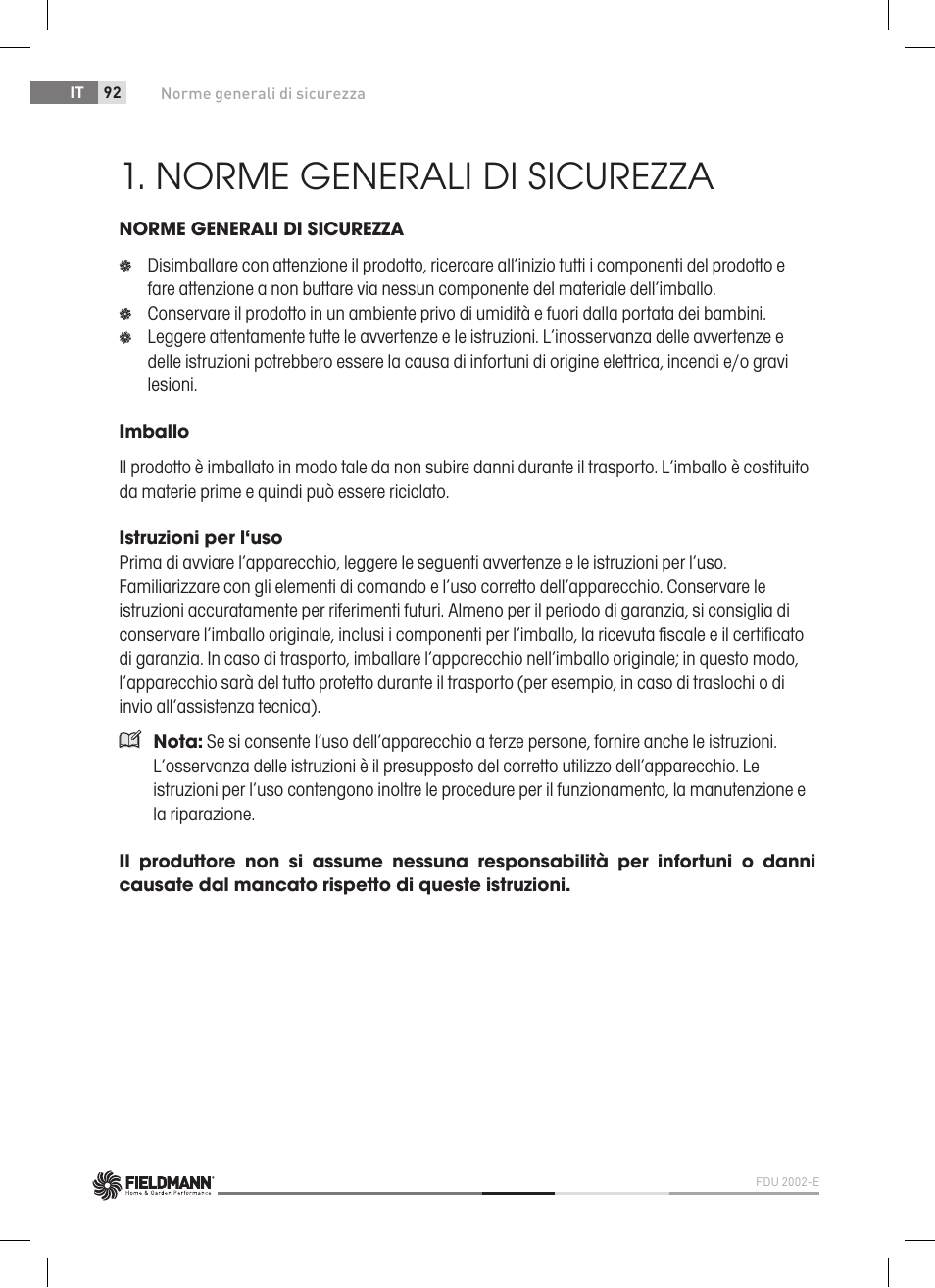 Norme generali di sicurezza | Fieldmann FDU 2002-E User Manual | Page 92 / 148