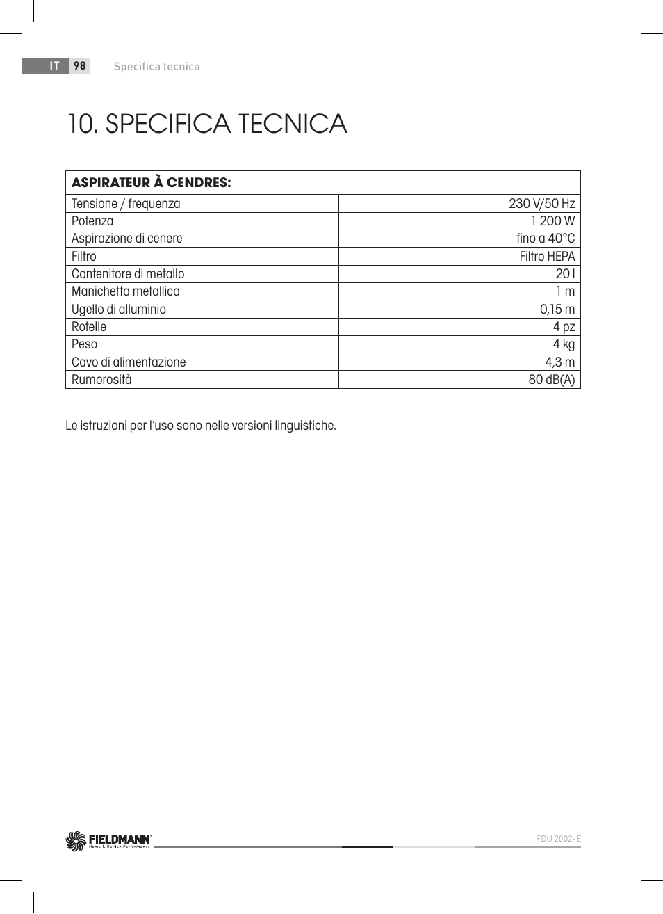 Specifica tecnica | Fieldmann FDU 2002-E User Manual | Page 98 / 148