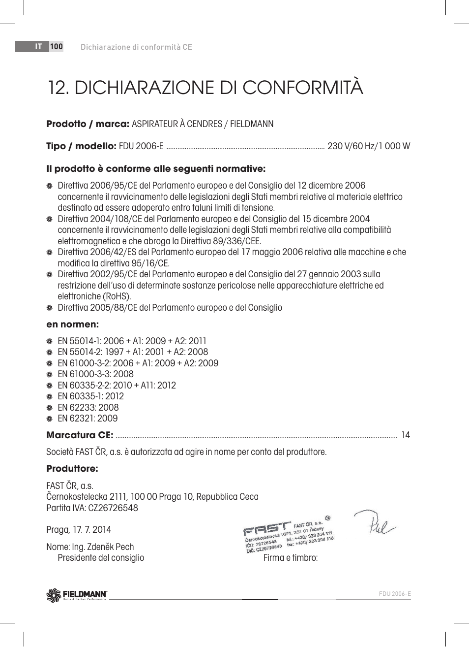 Dichiarazione di conformità | Fieldmann FDU 2006-E User Manual | Page 100 / 148