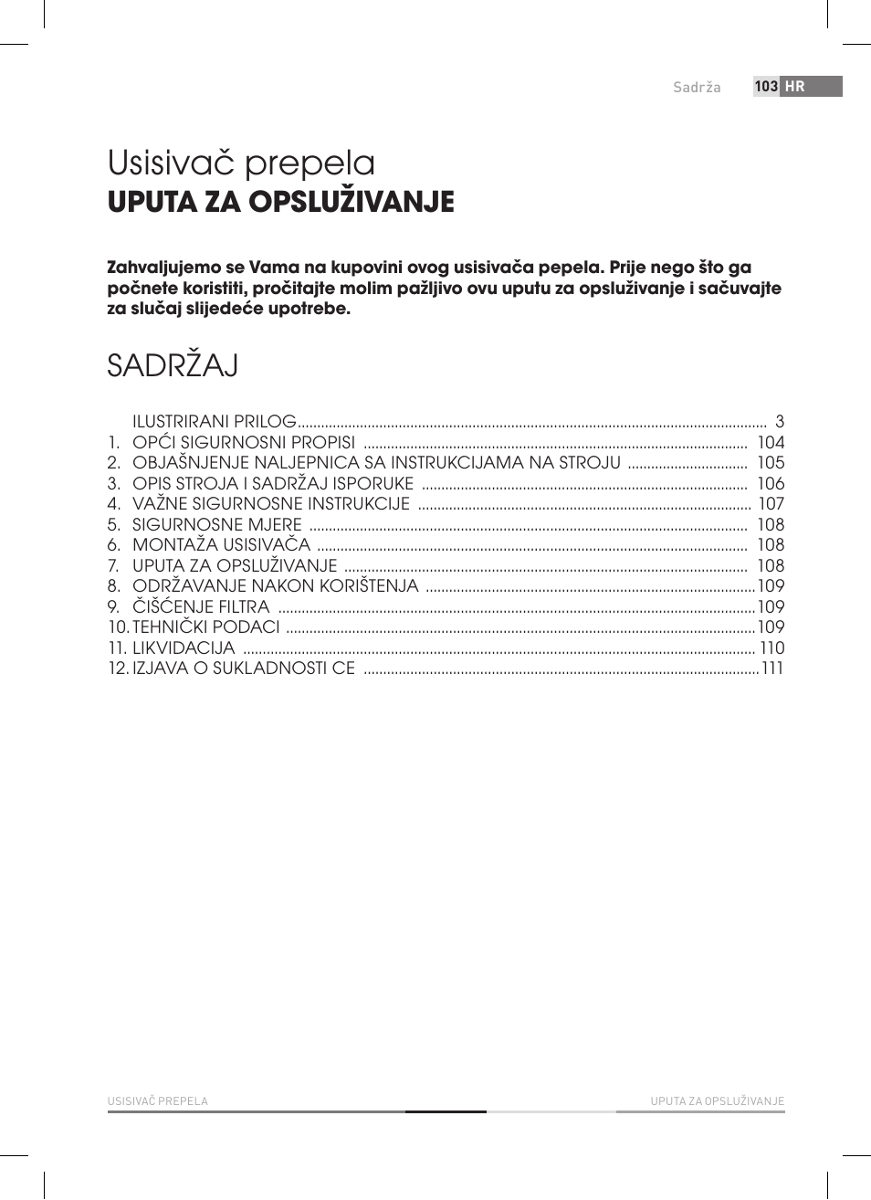 Usisivač prepela, Sadržaj, Uputa za opsluživanje | Fieldmann FDU 2006-E User Manual | Page 103 / 148