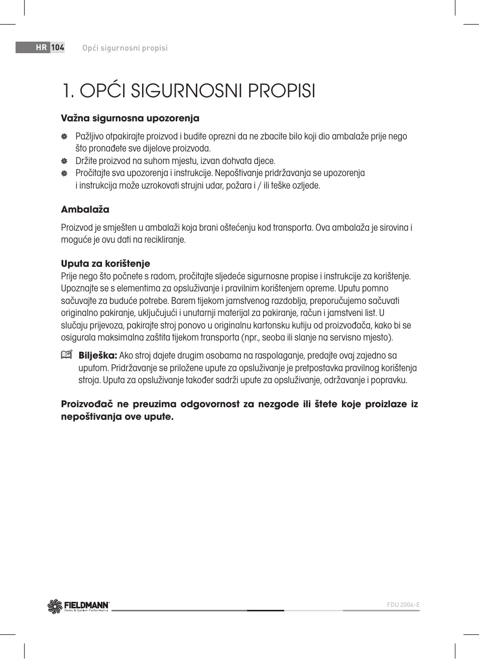 Opći sigurnosni propisi | Fieldmann FDU 2006-E User Manual | Page 104 / 148