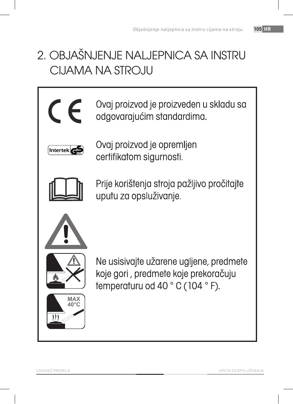 Objašnjenje naljepnica sa instru cijama na stroju | Fieldmann FDU 2006-E User Manual | Page 105 / 148