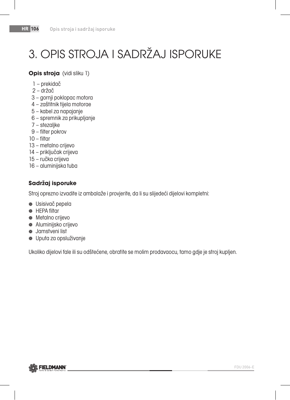 Opis stroja i sadržaj isporuke | Fieldmann FDU 2006-E User Manual | Page 106 / 148