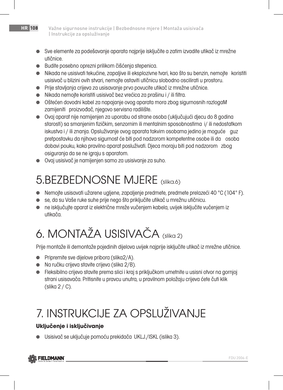 Bezbednosne mjere, Montaža usisivača, Instrukcije za opsluživanje | Fieldmann FDU 2006-E User Manual | Page 108 / 148