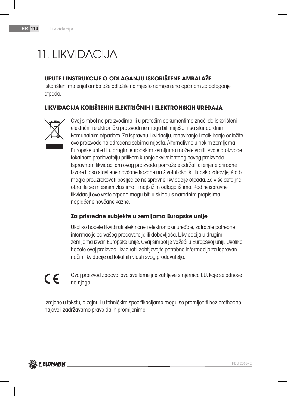 Likvidacija | Fieldmann FDU 2006-E User Manual | Page 110 / 148
