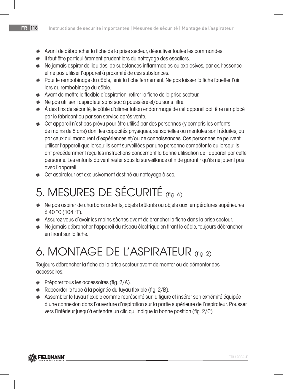 Mesures de sécurité, Montage de l’aspirateur | Fieldmann FDU 2006-E User Manual | Page 118 / 148