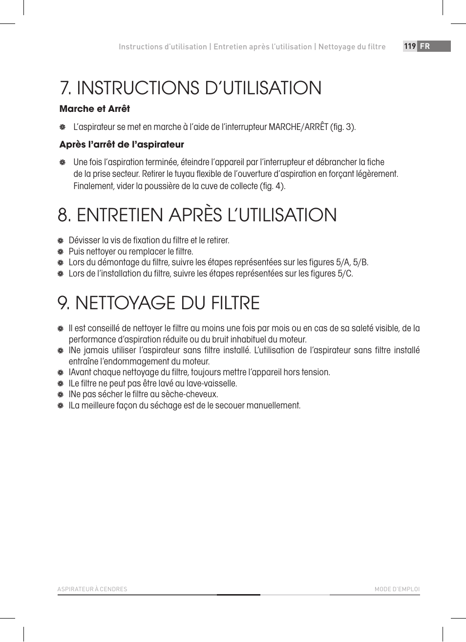 Instructions d’utilisation, Entretien après l’utilisation, Nettoyage du filtre | Fieldmann FDU 2006-E User Manual | Page 119 / 148