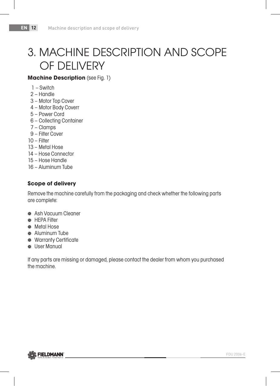 Machine description and scope of delivery | Fieldmann FDU 2006-E User Manual | Page 12 / 148