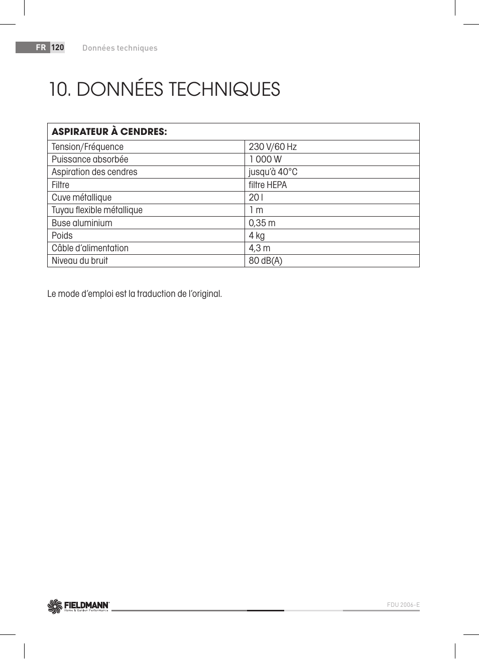 Données techniques | Fieldmann FDU 2006-E User Manual | Page 120 / 148