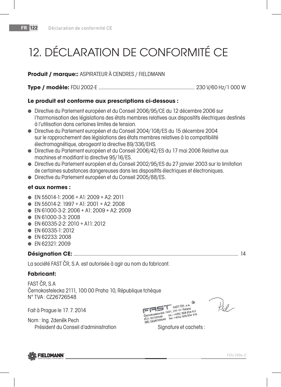 Déclaration de conformité ce | Fieldmann FDU 2006-E User Manual | Page 122 / 148