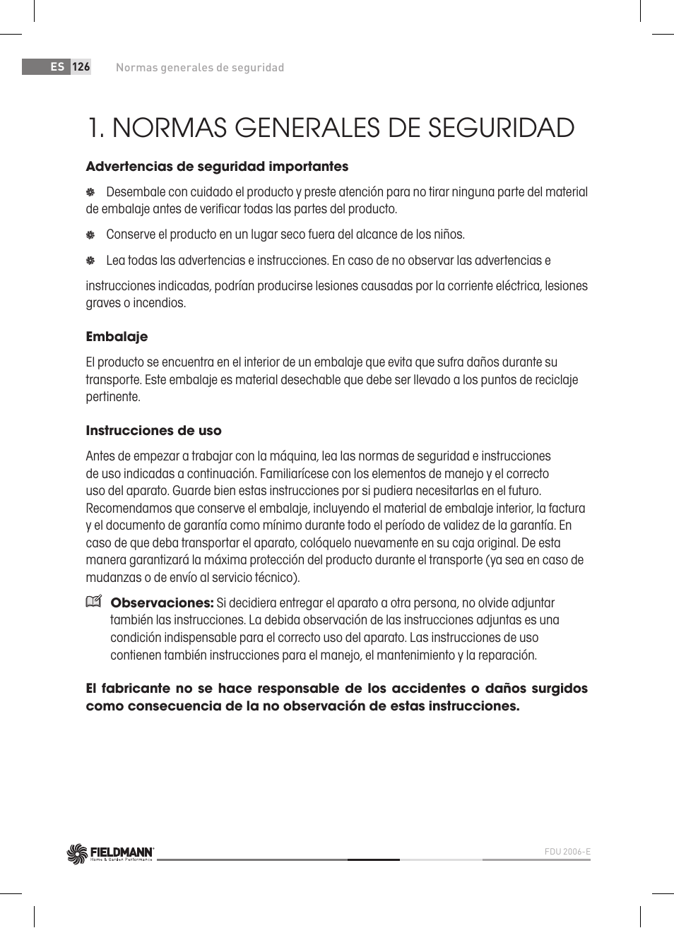 Normas generales de seguridad | Fieldmann FDU 2006-E User Manual | Page 126 / 148
