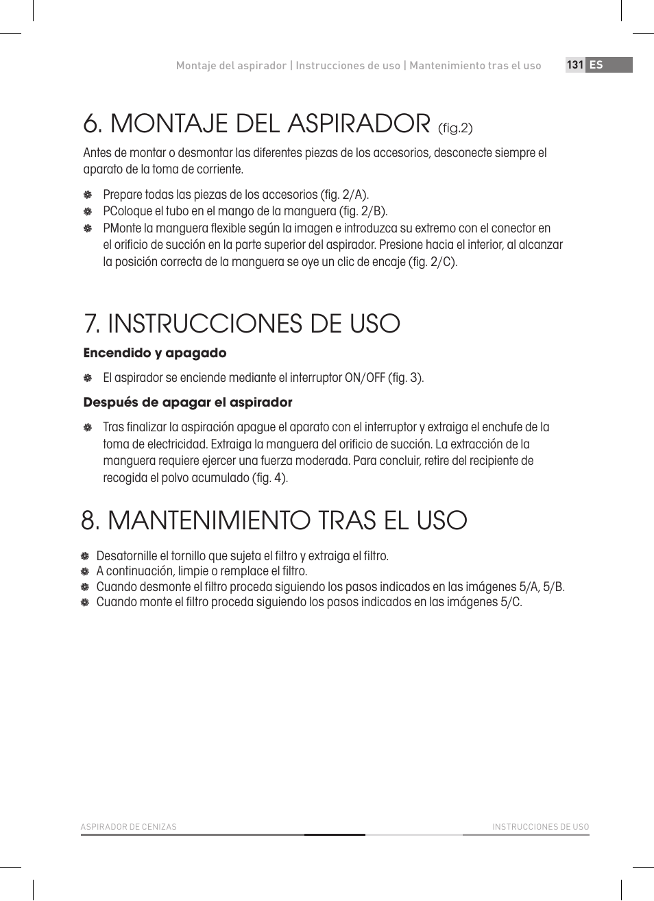 Montaje del aspirador, Instrucciones de uso, Mantenimiento tras el uso | Fieldmann FDU 2006-E User Manual | Page 131 / 148