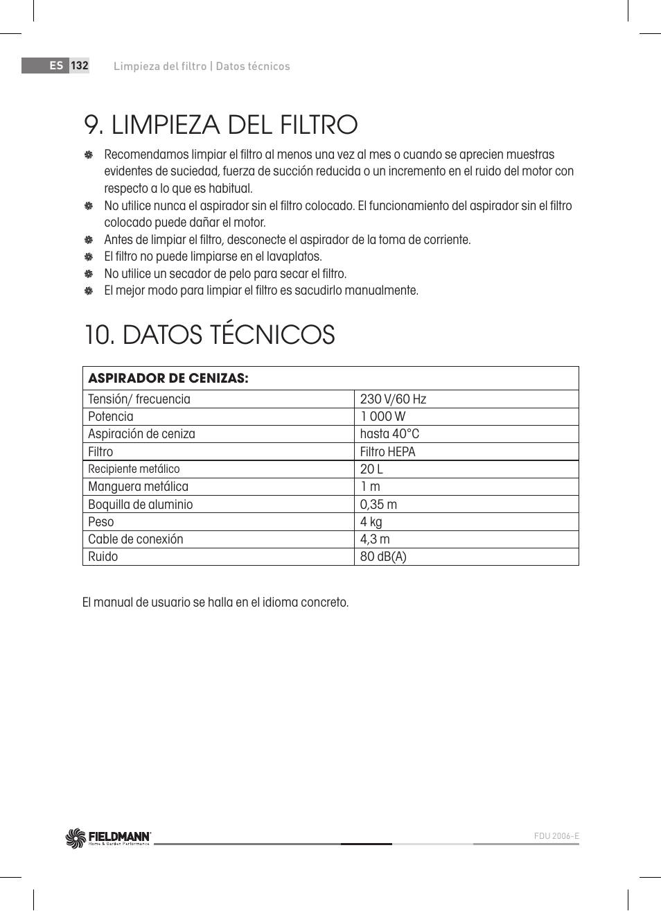 Limpieza del filtro, Datos técnicos | Fieldmann FDU 2006-E User Manual | Page 132 / 148