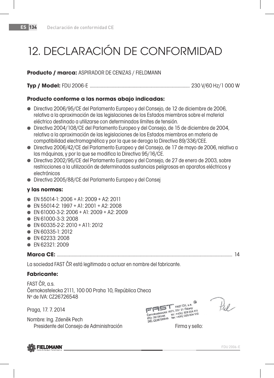 Declaración de conformidad | Fieldmann FDU 2006-E User Manual | Page 134 / 148