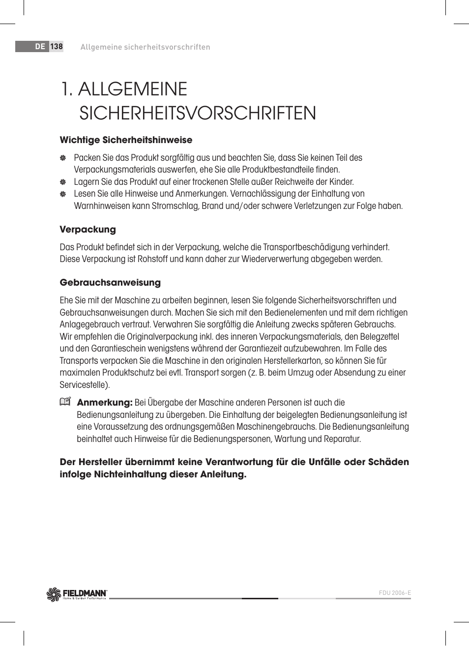 Allgemeine sicherheitsvorschriften | Fieldmann FDU 2006-E User Manual | Page 138 / 148